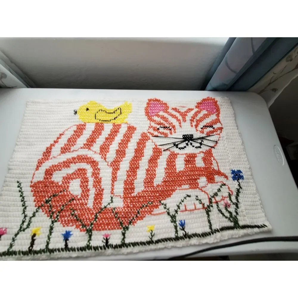 Handcrafted Cat & Bird Baby Wall Hanging | Vintage Crochet & Cross Stitch